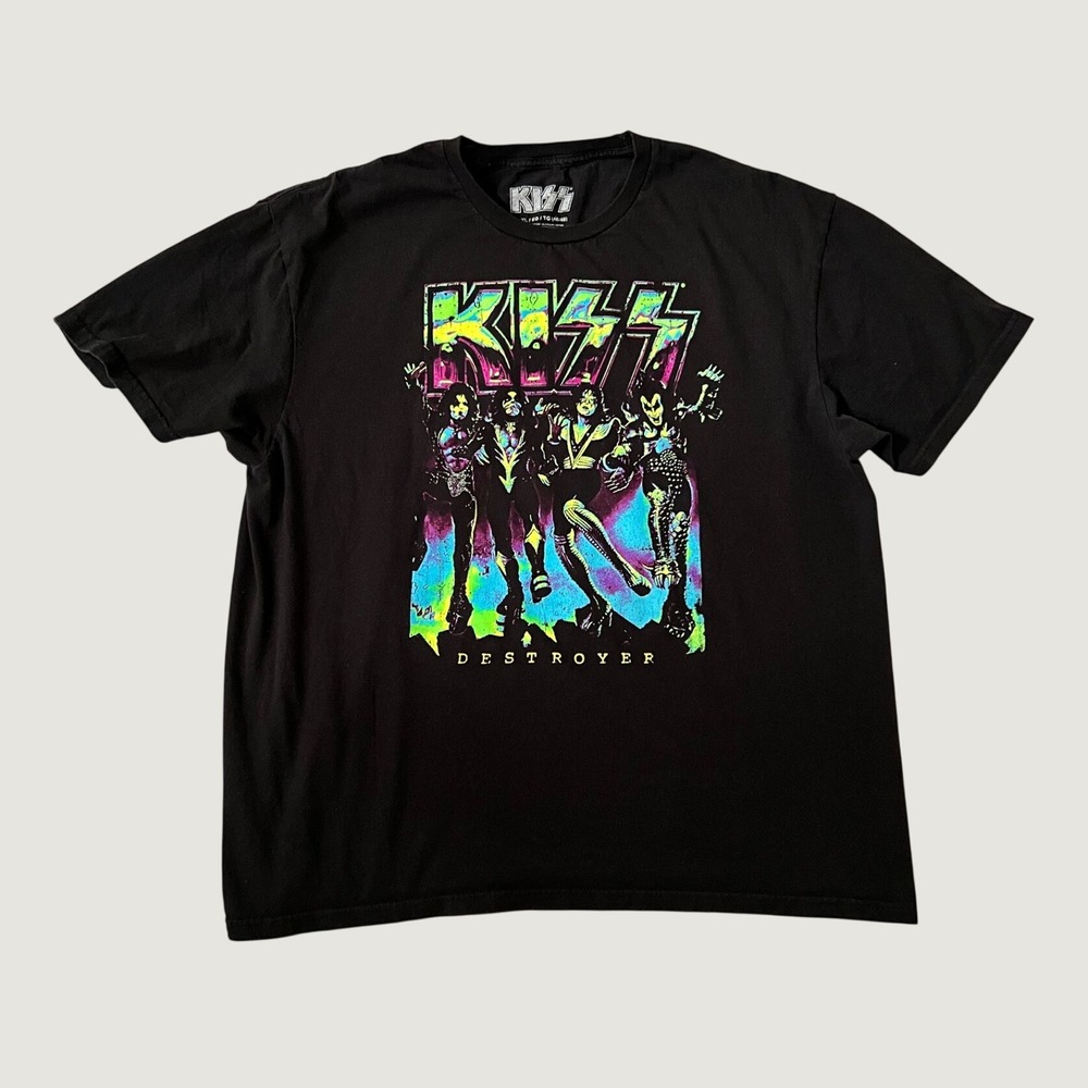 KISS T-Shirt Black Destroyer Neon Graphic Rock Band Tee XL